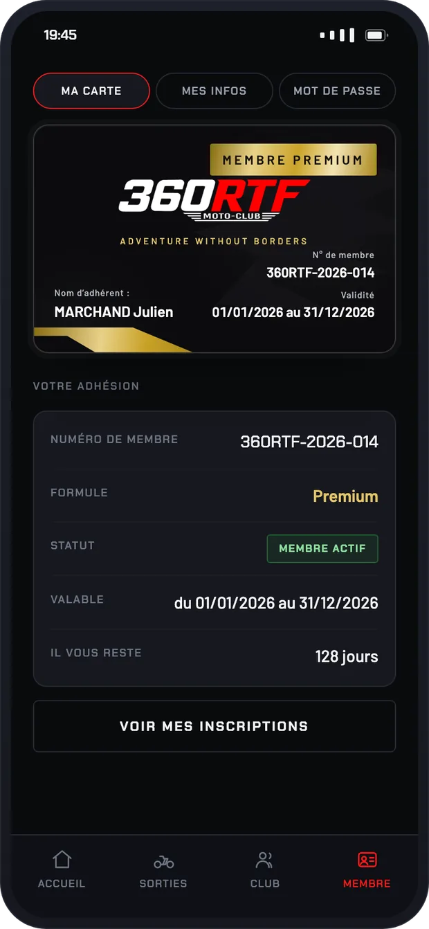 La carte de membre dans l'application 360RTF