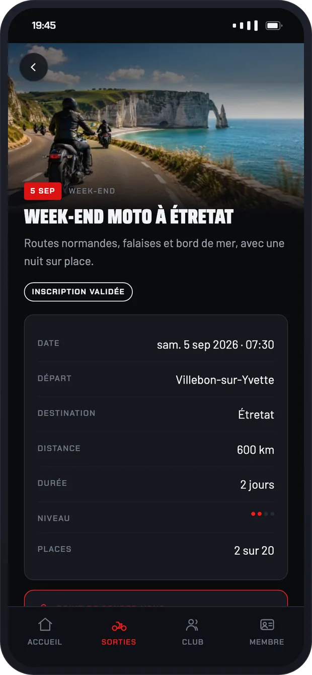 La fiche d'une sortie dans l'application 360RTF