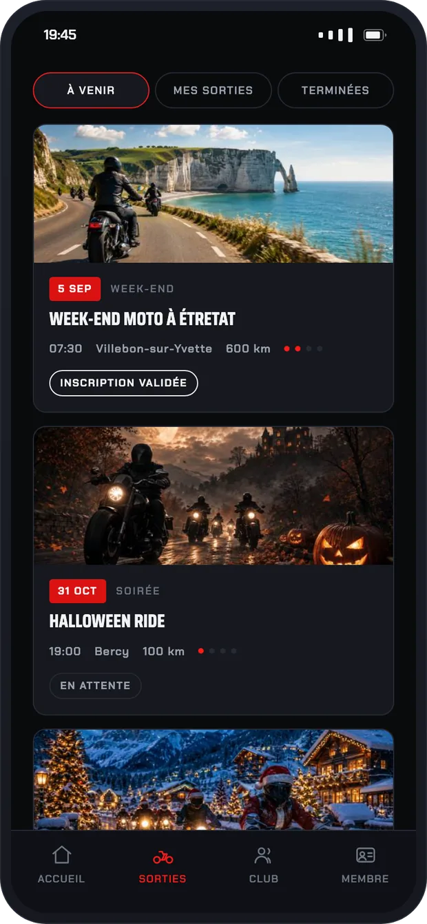La liste des sorties dans l'application 360RTF