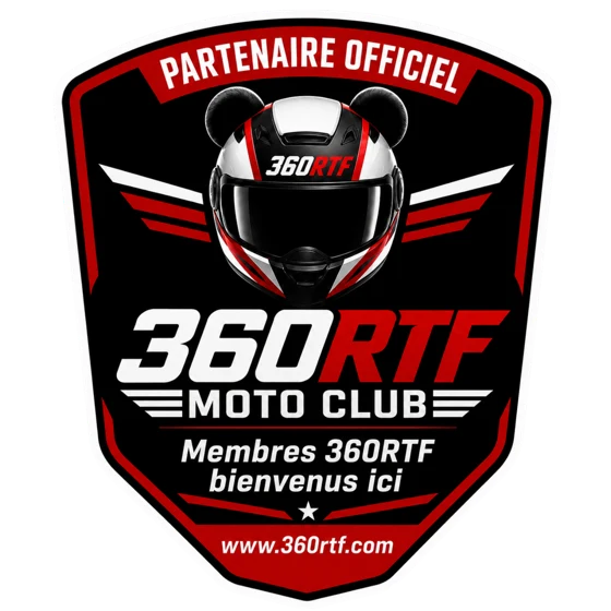 Macaron Partenaire officiel 360RTF Moto-Club, affiché en vitrine des établissements partenaires